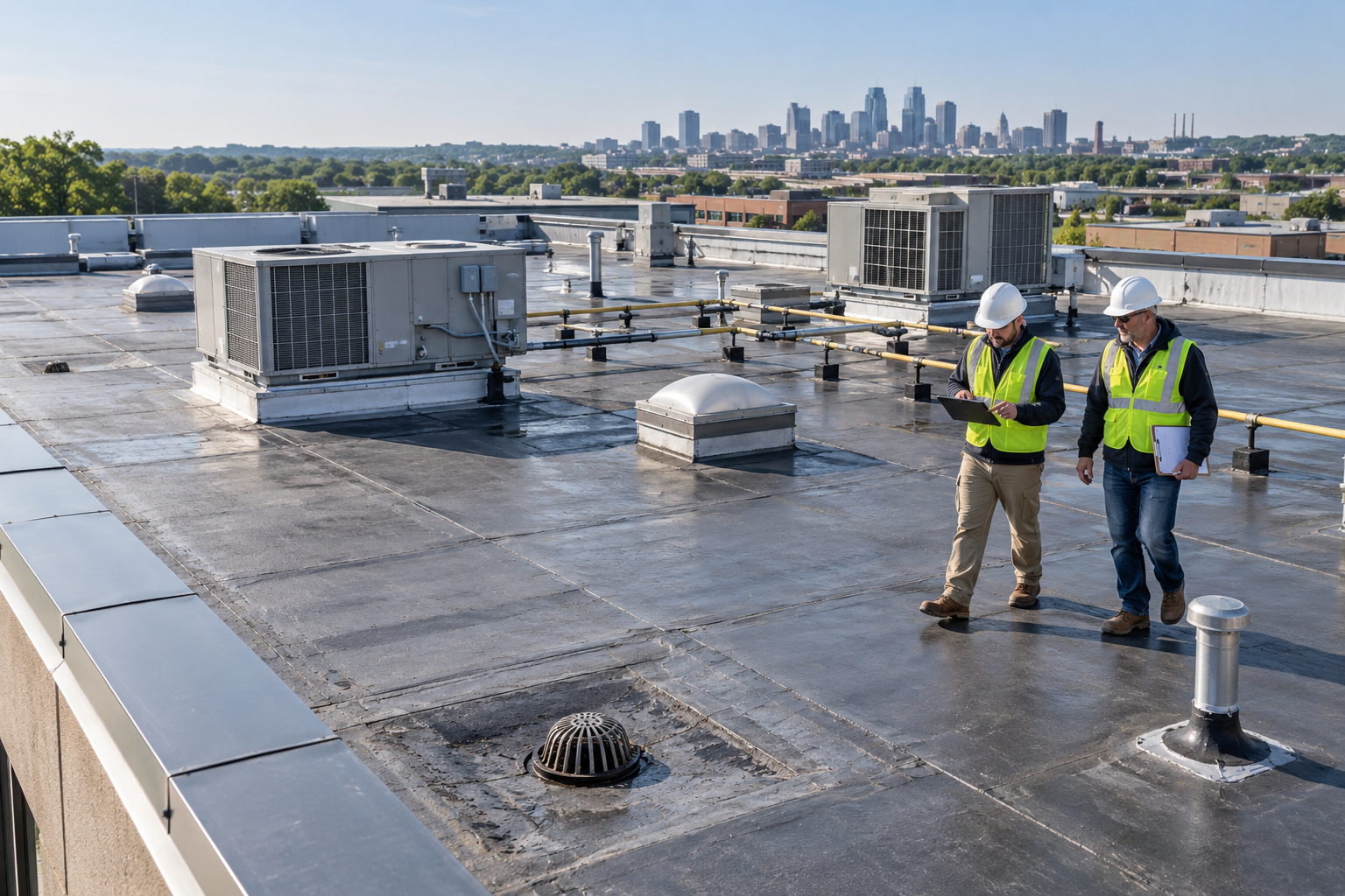 Commercial roof inspectors documenting conditions on a low-slope roof